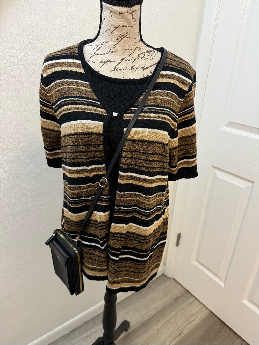 Sag Harbor Short-Sleeve Striped Cardigan in Black and Brown